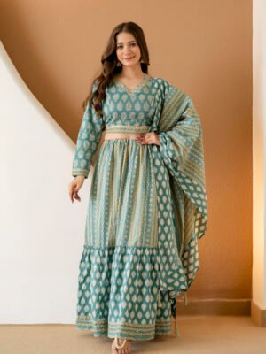 Auvoria Sage Green Handcrafted Printed Lehenga Set