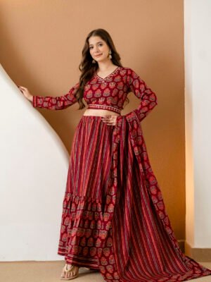 Maroon Handblock Printed Cotton Lehenga Set with Dupatta