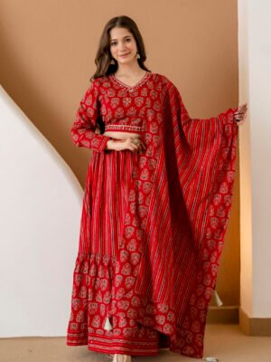 Auvoria Crimson Red Handcrafted Printed Lehenga Set