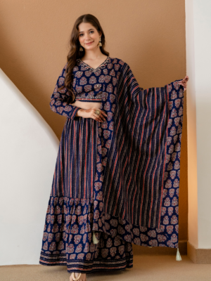 Auvoria Navy Blue Handcrafted Printed Lehenga Set