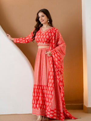 Auvoria Scarlet Red Handcrafted Printed Lehenga Set