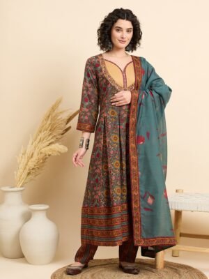 Women Viscose Green Anarkali Kurta And Pant Set With Dupatta