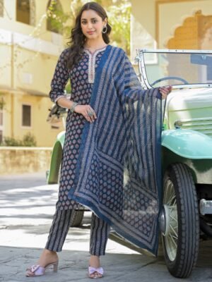 Women Viscose Blue Straight Kurta And Pant Set With Dupatta
