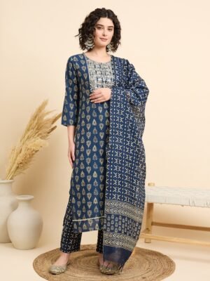 Women Viscose Blue Anarkali Kurta And Pant Set With Dupatta