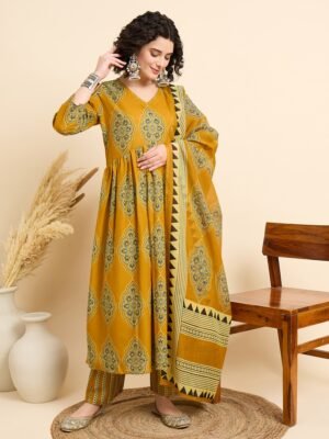 Women Viscose Yellow Anarkali Kurta And Pant Set With Dupatta