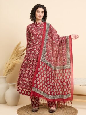 Women Viscose Red Anarkali Kurta And Pant Set With Dupatta