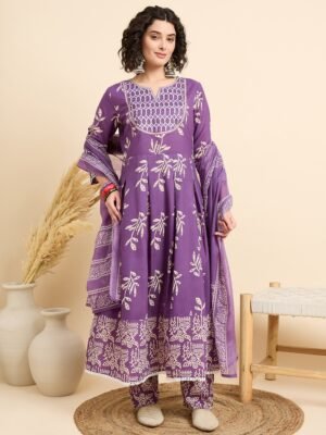 Women Viscose Purple Anarkali Kurta And Pant Set With Dupatta