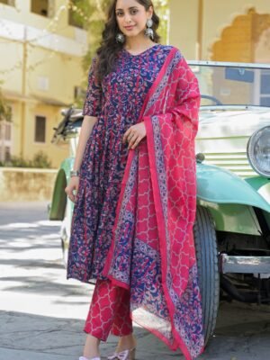 Women Viscose Navy Blue Anarkali Kurta And Pant Set With Dupatta