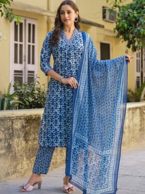 Women Viscose Blue A-Line Kurta And Pant Set With Dupatta