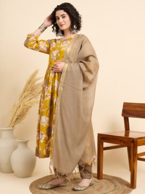 Women Viscose Yellow Anarkali Kurta And Pant Set With Dupatta