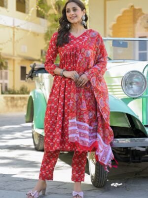 Women Viscose Red Anarkali Kurta And Pant Set With Dupatta