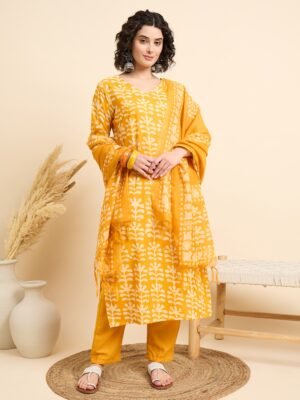 Women Viscose Yellow Straight Kurta And Pant Set With Dupatta