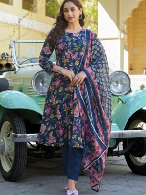 Women Viscose Blue Anarkali Kurta And Pant Set With Dupatta