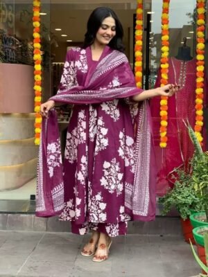 Women Viscose Purple Straight Kurta And Pant Set With Dupatta