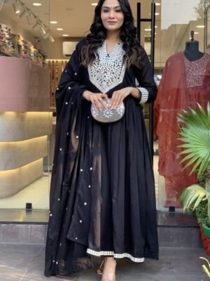 Women Embroidered A-Line Black Kurta And Pant set with Dupatta