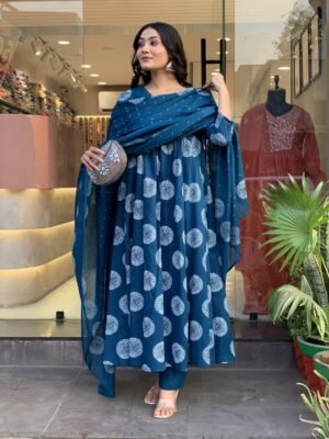 Women Viscose Blue A-Line Kurta And Pant Set With Dupatta