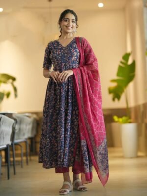 Women Viscose Blue Anarkali Kurta And Pant Set With Dupatta