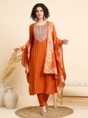 Women Embroidered Straight Orange Kurta And Pant set with Dupatta