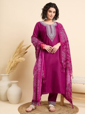 Women Embroidered Straight Pink Kurta And Pant set with Dupatta