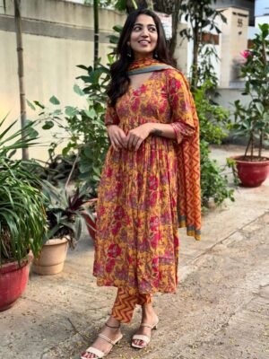 Women Viscose Yellow Anarkali Kurta And Pant Set With Dupatta