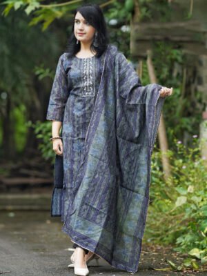 Women Viscose Blue Straight Kurta And Pant Set With Dupatta
