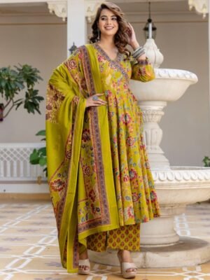 Women Viscose Yellow Anarkali Kurta And Pant Set With Dupatta