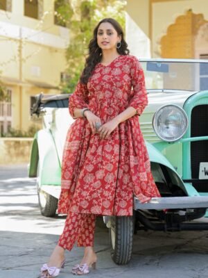 Women Viscose Red Anarkali Kurta And Pant Set With Dupatta