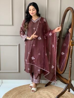 Auvoria Mocha Dream Slub Embroidery Suit Set with Net Dupatta