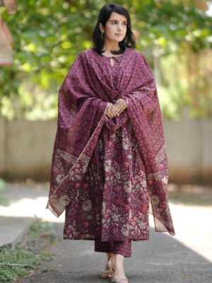 Women Viscose Maroon Anarkali Kurta And Pant Set With Dupatta