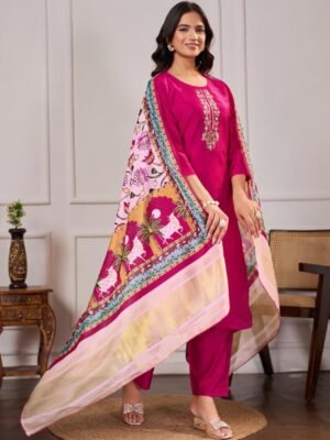 Auvoria Fuchsia Chanderi Silk Kurti Set with Hand Khatli Embroidery & Art Silk Dupatta