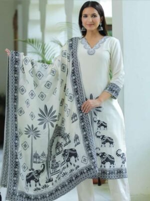 Auvoria Ivory Muslin Kurti Set with Heritage Temple & Elephant Jacquard Art