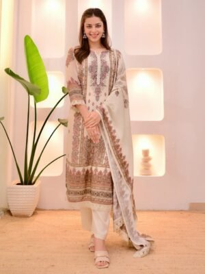 Auvoria Ivory Elegance Soft Muslin Kurti Set with Chanderi Pants & Dupatta