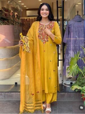 Auvoria Radiant Mustard Muslin Kurti Set with Embroidered Elegance & Chanderi Grace