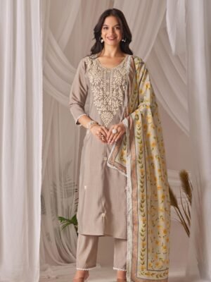 Auvoria Chanderi Silk Chikankari Kurti Set with Digital Printed Dupatta – Elegant Beige