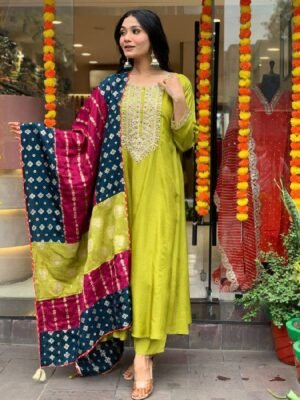 Auvoria Crimson Blossom Viscose Chanderi Embroidered Suit Set with Jacquard Border Dupatta