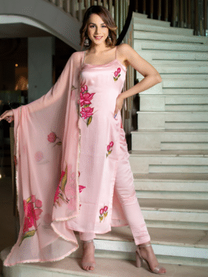 Auvoria Pink Blossom Viscose French Crepe Suit Set with Georgette Dupatta