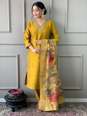 Auvoria Mustard Glow Silk PV-Chanderi Embroidered Suit with Jacquard Dupatta