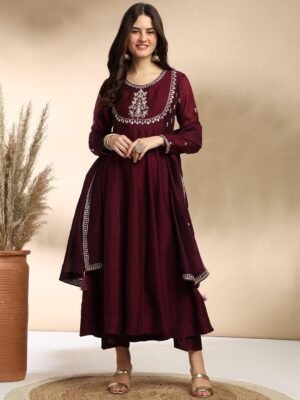 Auvoria Imperial Maroon Silk Anarkali Suit with Embroidered Dupatta Rangrez by Auvoria