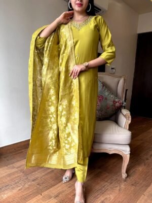 Auvoria Royal Ruby Silk PV-Chanderi Embroidered Suit with Jacquard Dupatta