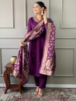 Auvoria Royal Ruby Silk PV-Chanderi Embroidered Suit with Jacquard Dupatta