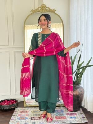 Auvoria Royal Plum Vichitra Silk Suit Set with Chanderi Digital Print Dupatta