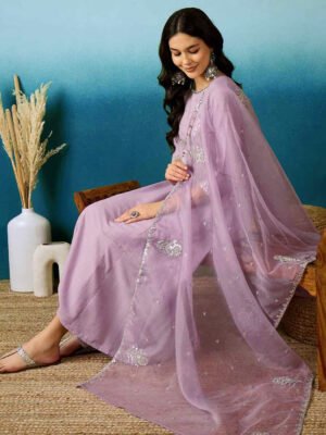 Auvoria Azure Dreams Silk-Blend Embroidered Suit with Soft-Organza Dupatta