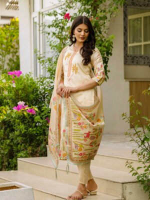 Auvoria Golden Heritage Viscose Assam Silk Embroidered Ensemble with Beads