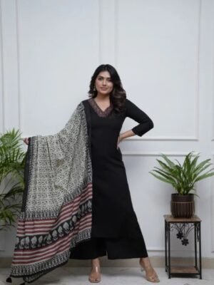 Auvoria Black Parmpara Embroidered Palazzo Suit with Chanderi Digital Print Dupatta