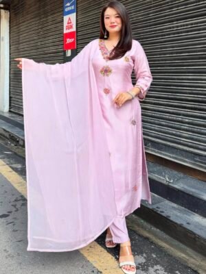 Auvoria Contemporary Viscose Chanderi Embroidered Suit Set with Najmeen Dupatta