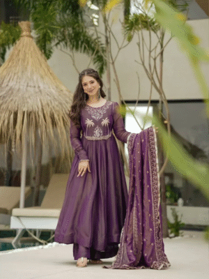 Auvoria Plum Elegance PV-Silk Chanderi Embroidered Anarkali Suit Set