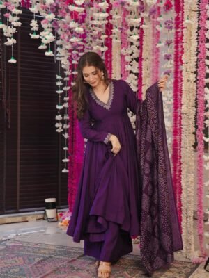 Auvoria Ivory Elegance PV-Chanderi Embroidered Anarkali Suit with Printed Dupatta