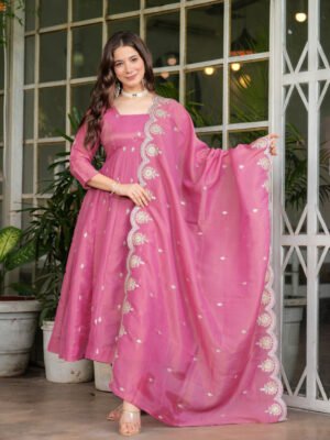 Auvoria Royal Emerald PV-Silk Chanderi Embroidered Anarkali Suit Set