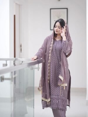 Auvoria Celestial Georgette Embroidered Anarkali Suit with Silk Bottom and Embroidered Georgette Dupatta