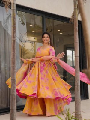 Auvoria Midnight Majesty Silk Chinon Printed Anarkali Suit with Embroidered Chanderi Dupatta